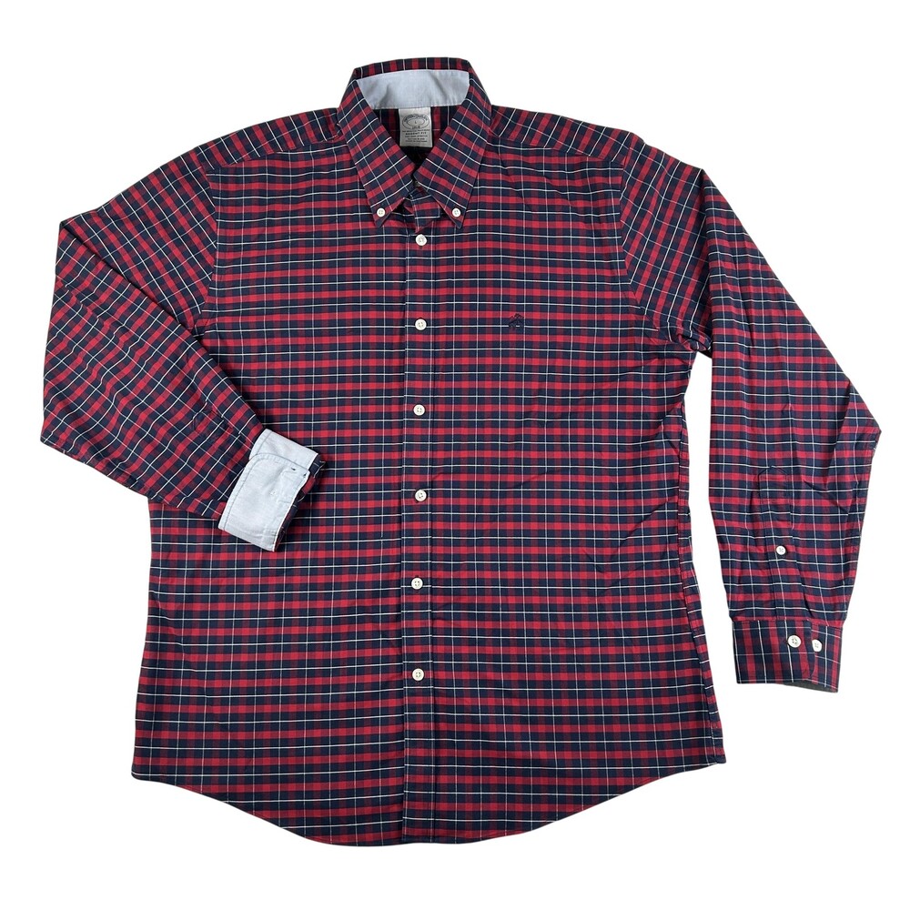 Brooks Brothers Dress Shirt Mens Large Plaid Regent Fit Non Iron Stretch Logo